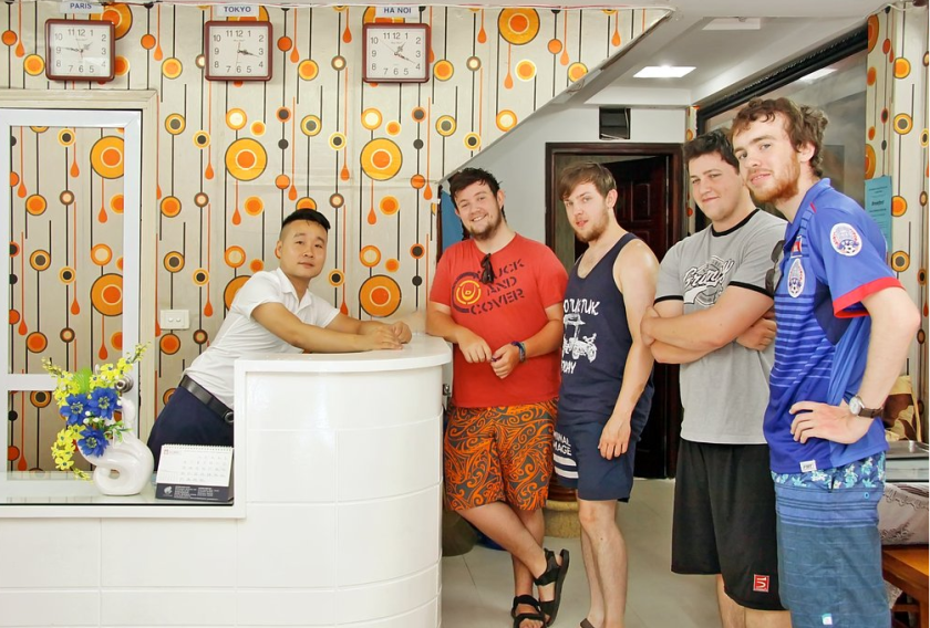 Part owner, Philip Nguyen and his friends at Hanoi Panda Hotel