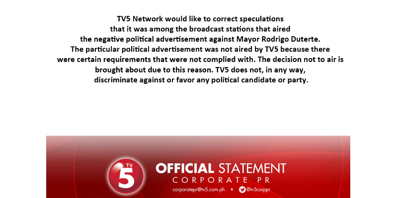 TV5 Statement on Duterte Ads