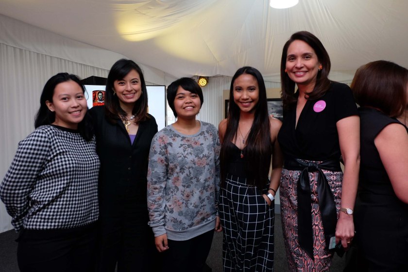 A Representative from Tin-Aw Gallery Museum, Top Winner Henrielle Pagkaliwangan, Don Papa Brand Director Monica Garcia, Brand Manager Cristhel Molina, and Lisa Periquet - Art Fair Philippines Co-Founder.