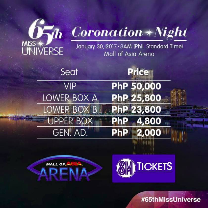 Miss Universe 2016-2017 ticket-prices
